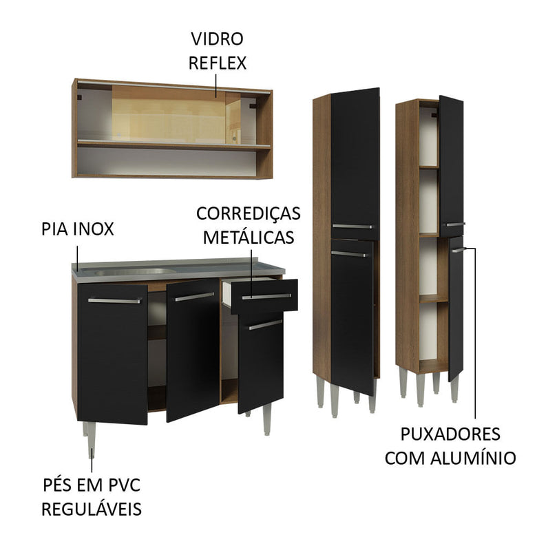Armário de Cozinha Compacta 169cm com Pia Rustic/Preto Emilly Madesa 14