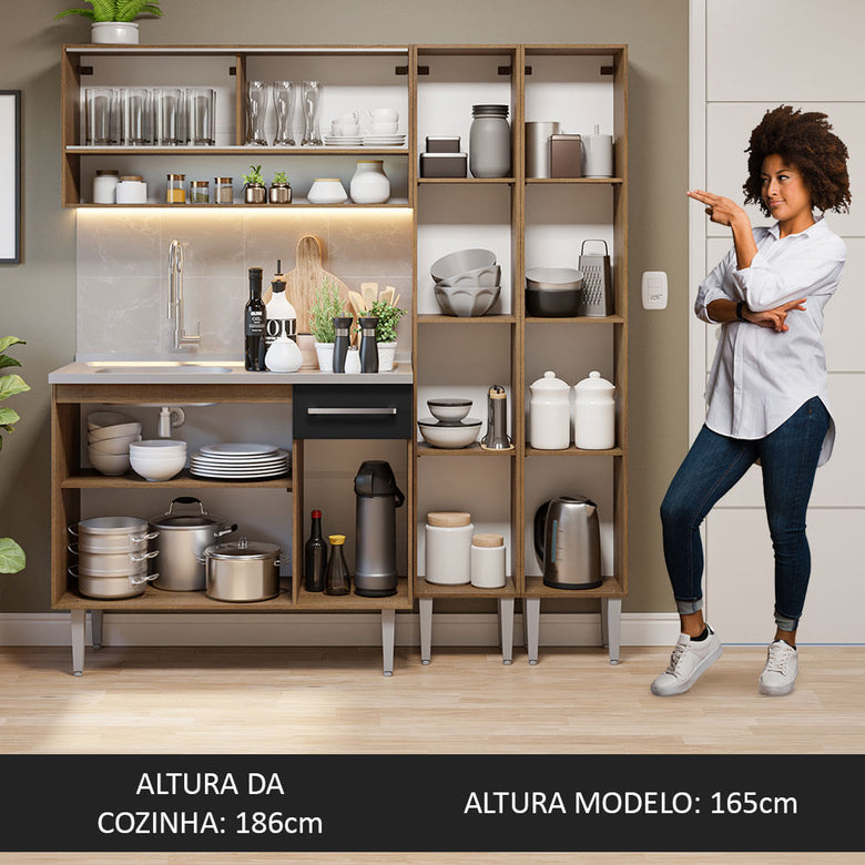 Armário de Cozinha Compacta 169cm com Pia Rustic/Preto Emilly Madesa 14