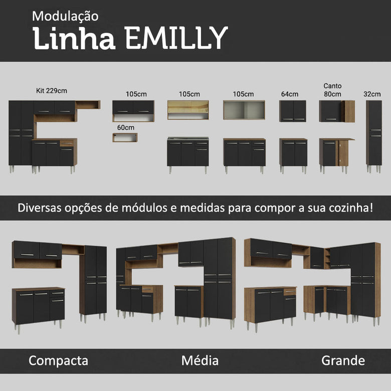Armário de Cozinha Compacta 165cm Rustic/Preto Emilly Madesa 04
