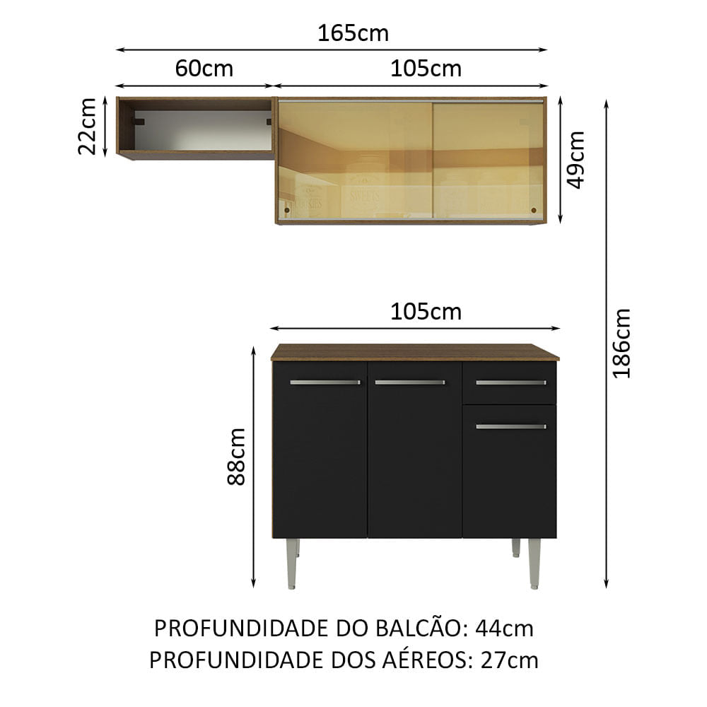 Armário de Cozinha Compacta 165cm Rustic/Preto Emilly Madesa 04