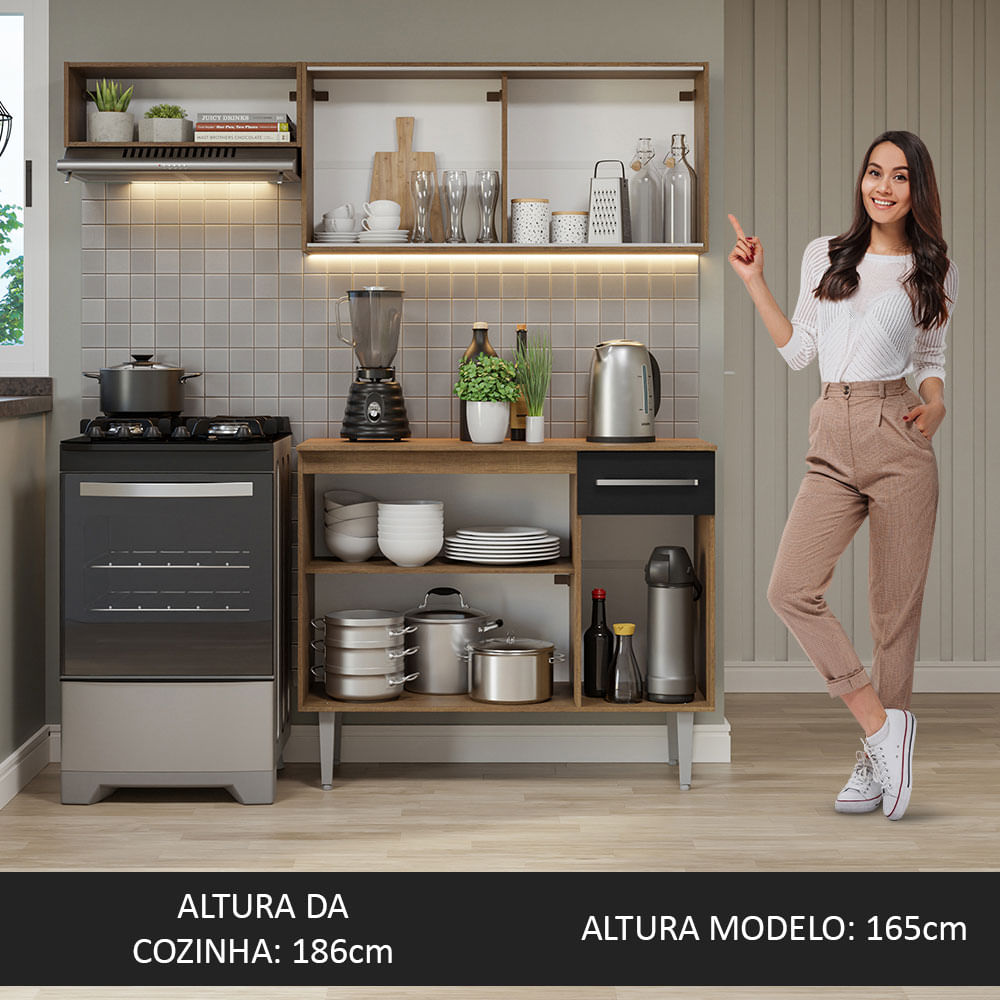 Armário de Cozinha Compacta 165cm Rustic/Preto Emilly Madesa 04