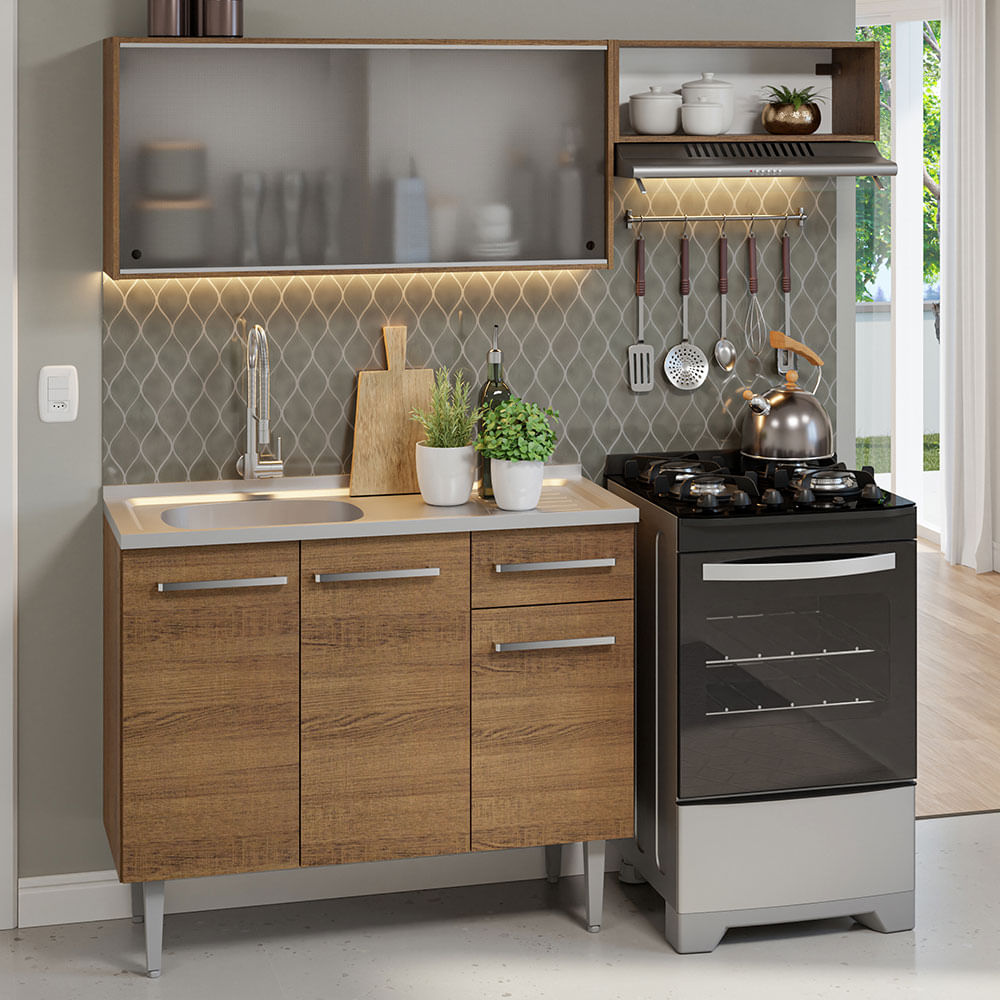 Armário de Cozinha Compacta 165cm com Pia Rustic Emilly Madesa 05 - Rustic