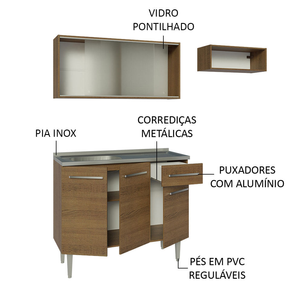 Armário de Cozinha Compacta 165cm com Pia Rustic Emilly Madesa 05