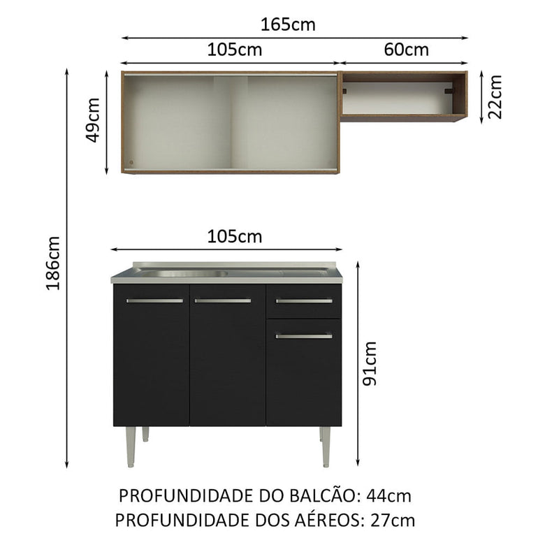 Armário de Cozinha Compacta 165cm com Pia Rustic/Preto Emilly Madesa 05