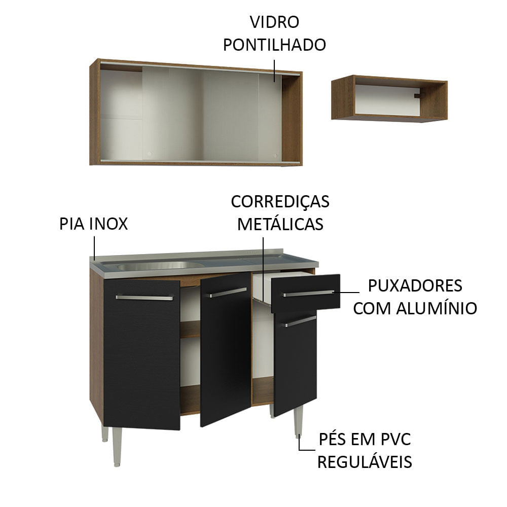 Armário de Cozinha Compacta 165cm com Pia Rustic/Preto Emilly Madesa 05