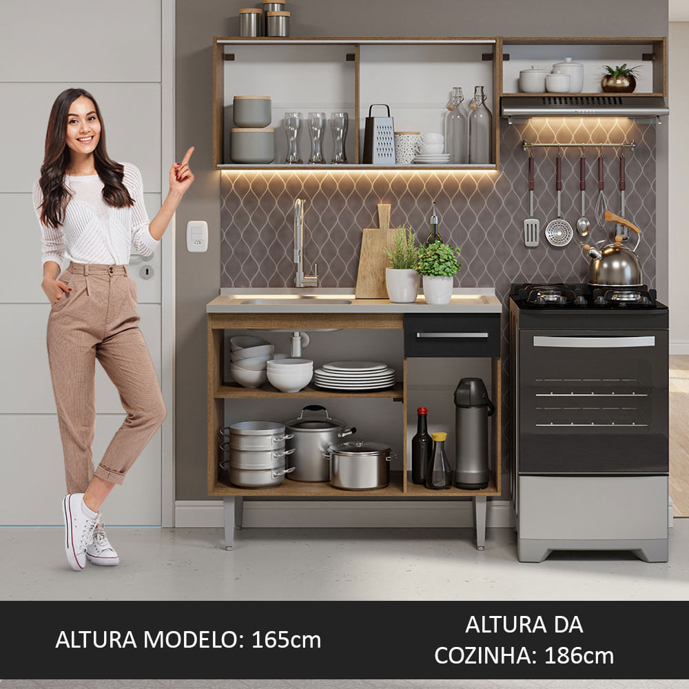 Armário de Cozinha Compacta 165cm com Pia Rustic/Preto Emilly Madesa 05