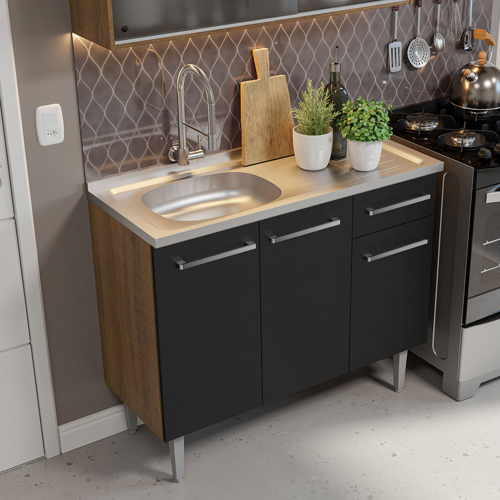 Armário de Cozinha Compacta 165cm com Pia Rustic/Preto Emilly Madesa 05