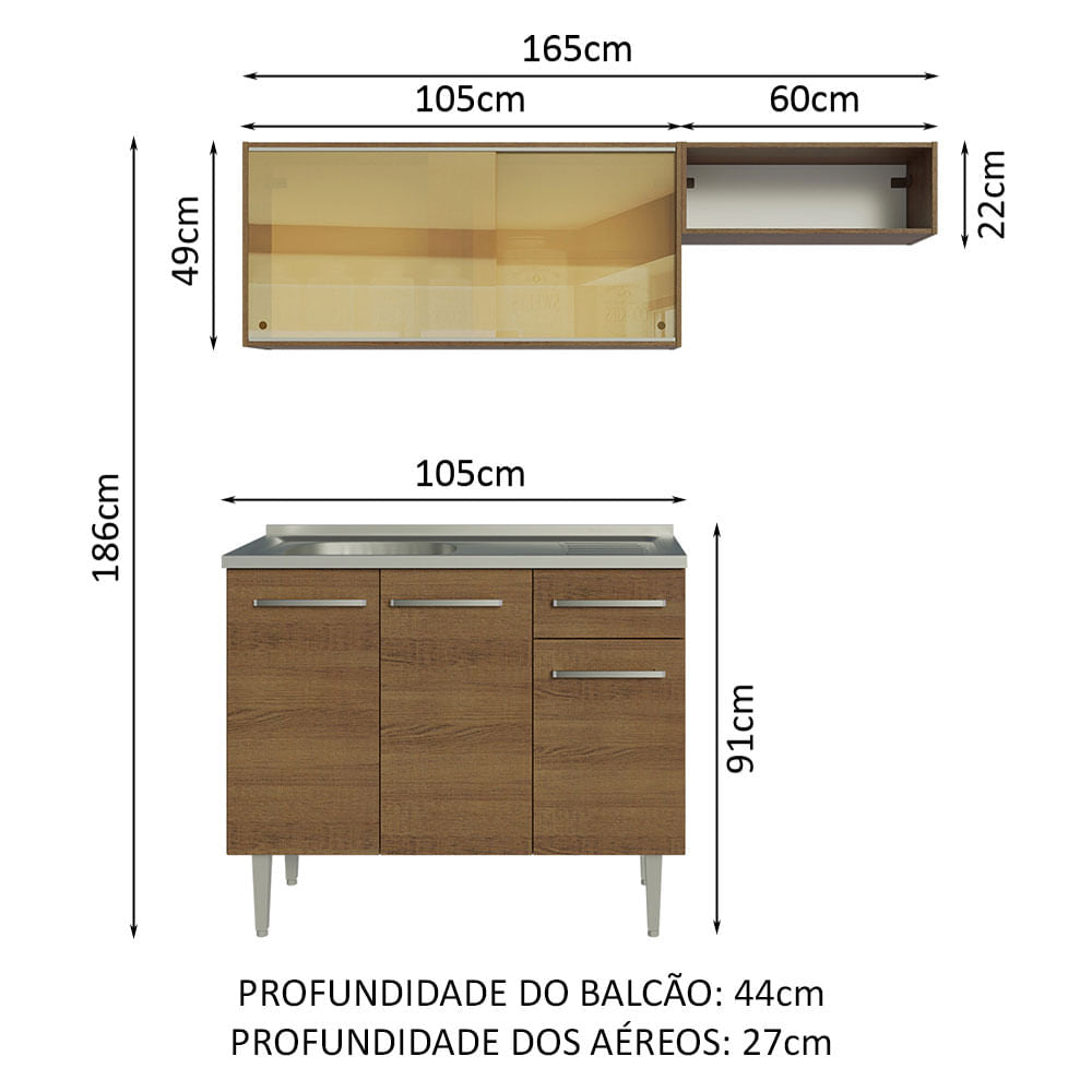 Armário de Cozinha Compacta 165cm com Pia Rustic Emilly Madesa 06