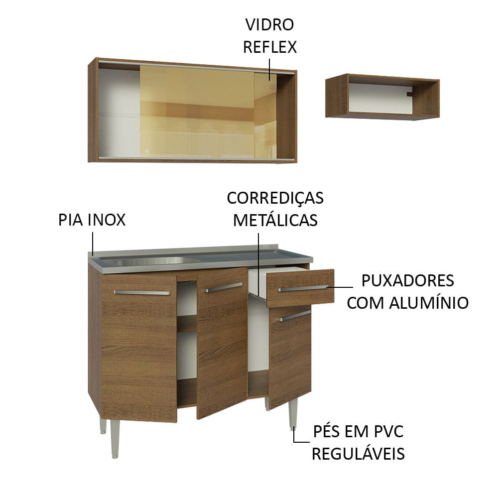 Armário de Cozinha Compacta 165cm com Pia Rustic Emilly Madesa 06