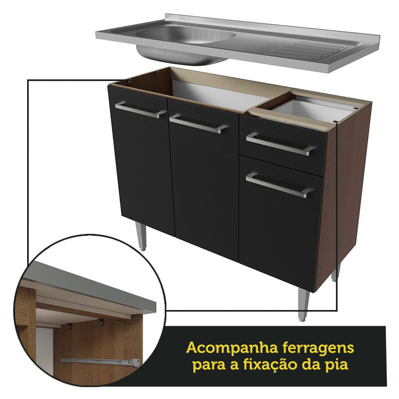 Armário de Cozinha Compacta 165cm com Pia Rustic/Preto Emilly Madesa 06