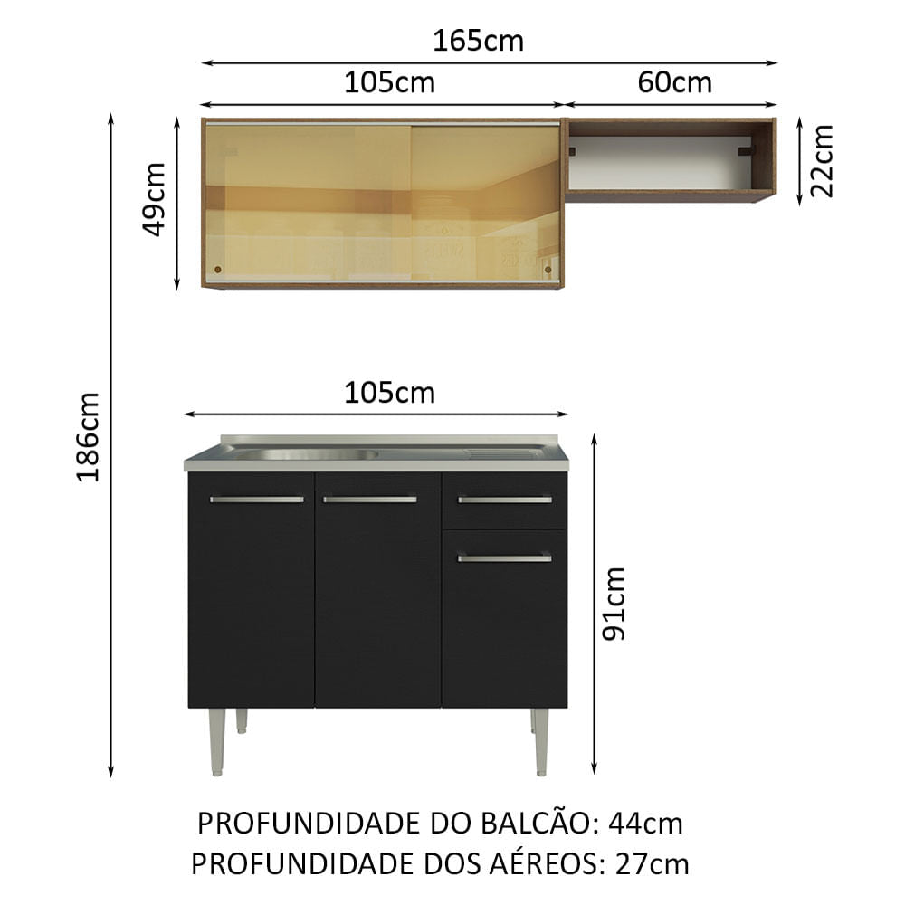 Armário de Cozinha Compacta 165cm com Pia Rustic/Preto Emilly Madesa 06