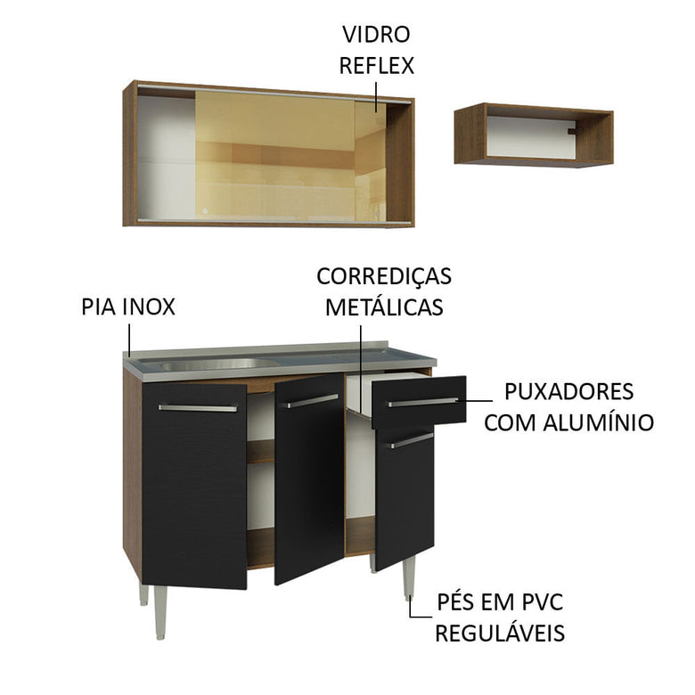Armário de Cozinha Compacta 165cm com Pia Rustic/Preto Emilly Madesa 06