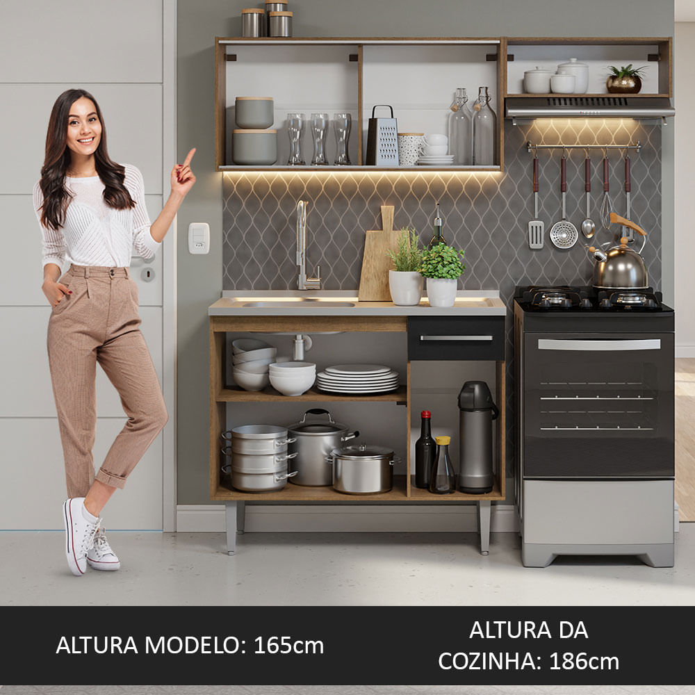 Armário de Cozinha Compacta 165cm com Pia Rustic/Preto Emilly Madesa 06