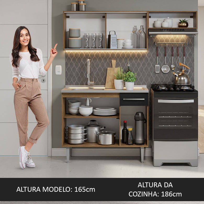 Armário de Cozinha Compacta 165cm com Pia Rustic/Preto Emilly Madesa 06