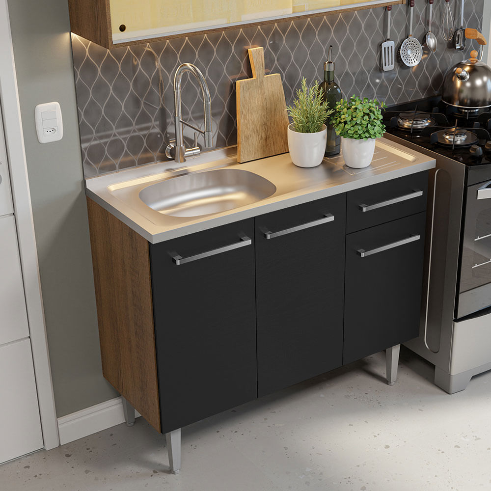Armário de Cozinha Compacta 165cm com Pia Rustic/Preto Emilly Madesa 06