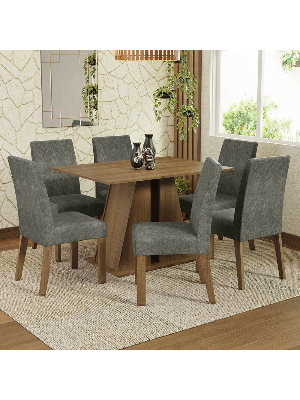Conjunto Sala de Jantar Mesa Tampo de Madeira 6 Cadeiras Rustic/Silver Cheryl Madesa - Rustic/Silver