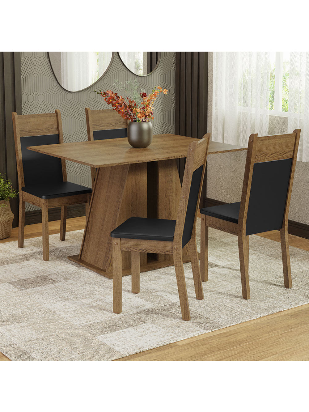 Conjunto Sala de Jantar Mesa Tampo de Madeira 4 Cadeiras Rustic/Preto Angel Madesa - Rustic/Sintético Preto