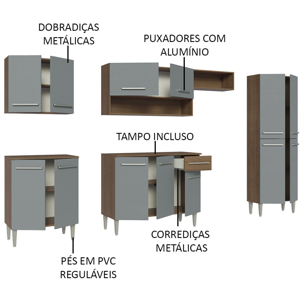 Armário de Cozinha Completa 293cm Rustic/Cinza Emilly Madesa 10