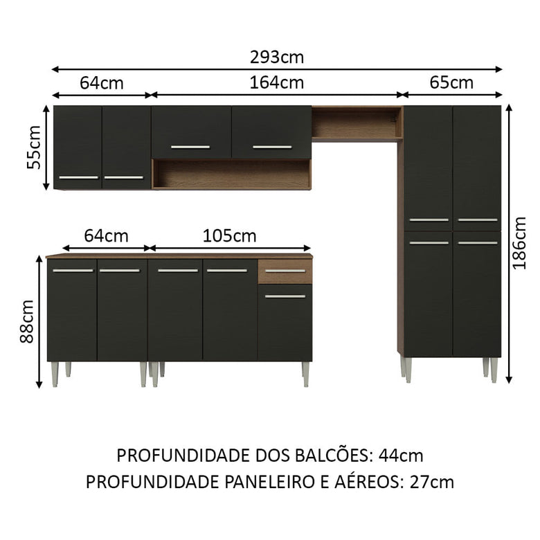 Armário de Cozinha Completa 293cm Rustic/Preto Emilly Madesa 10