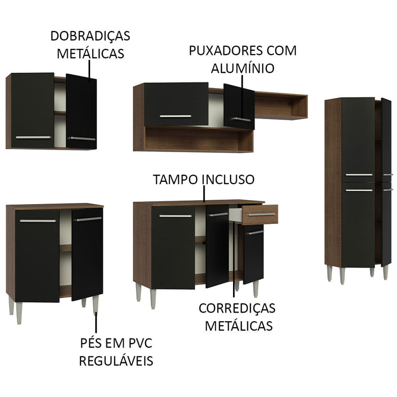 Armário de Cozinha Completa 293cm Rustic/Preto Emilly Madesa 10