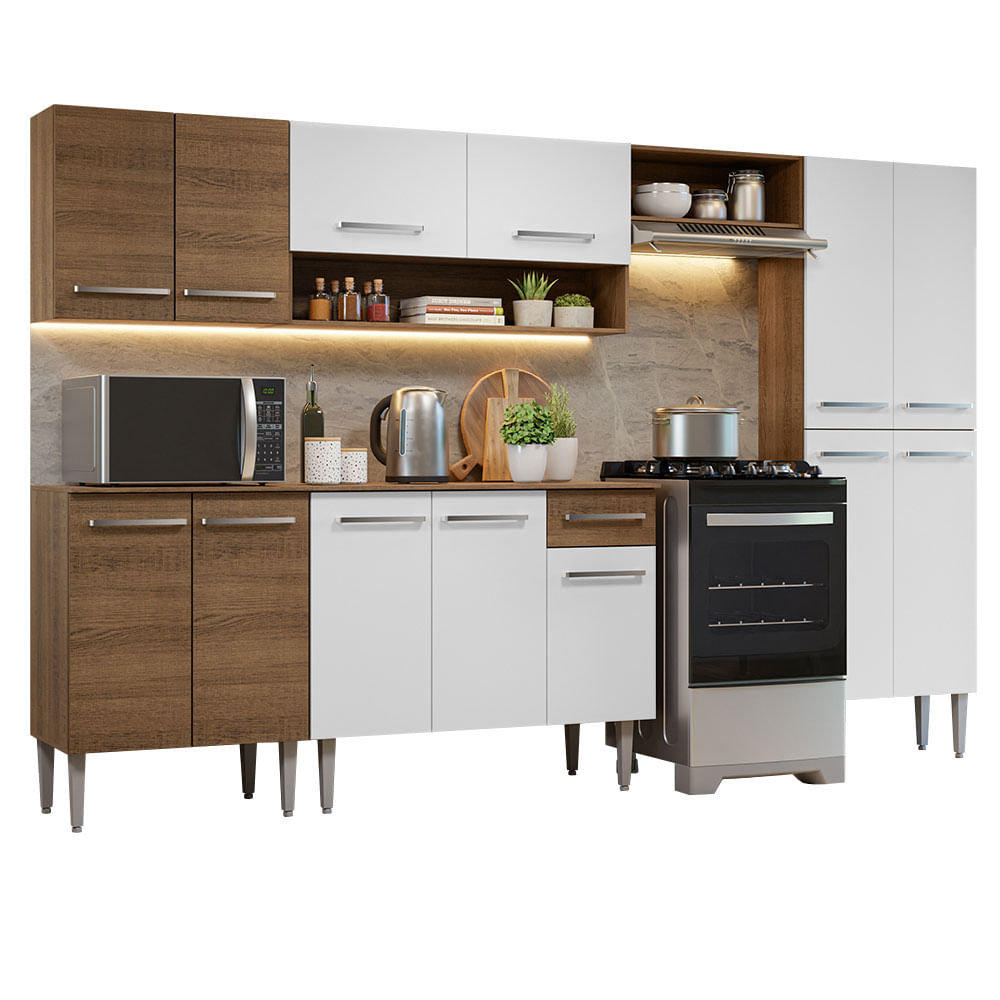Armário de Cozinha Completa 293cm Rustic/Branco Emilly Madesa 10 - Rustic/Branco