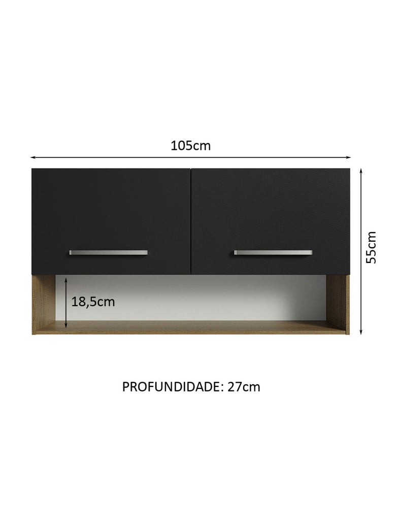 Armário Aéreo Cozinha 105cm 2 Portas 1 Nicho Rustic/Preto Emilly Madesa