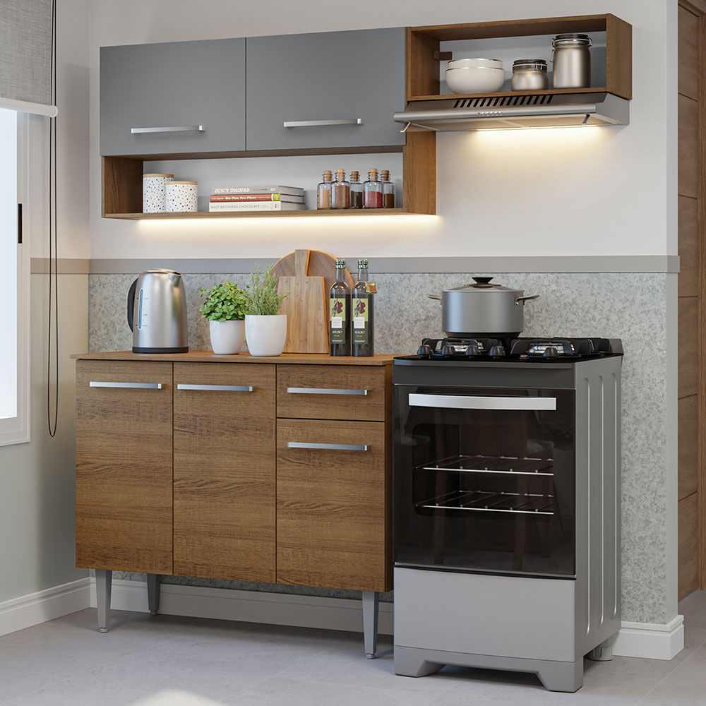 Armário de Cozinha Compacta 165cm Rustic/Cinza Emilly Madesa 07 - Rustic/Cinza