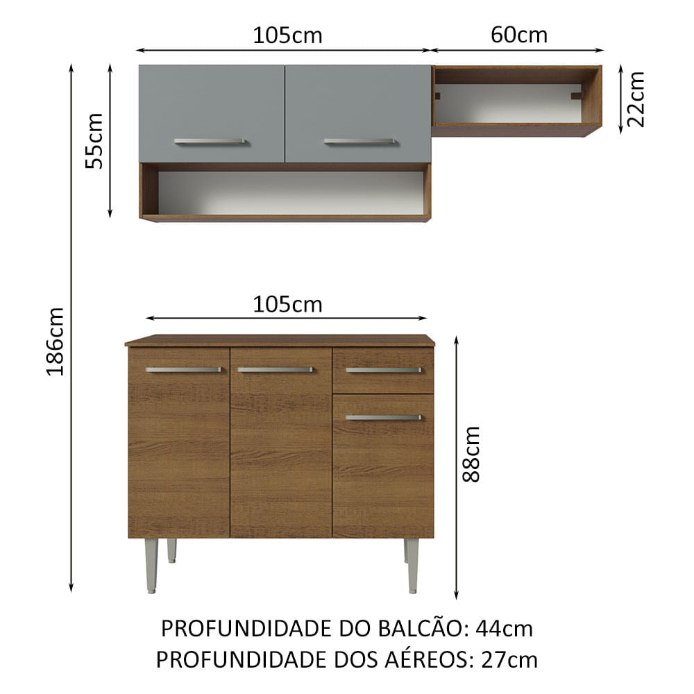 Armário de Cozinha Compacta 165cm Rustic/Cinza Emilly Madesa 07