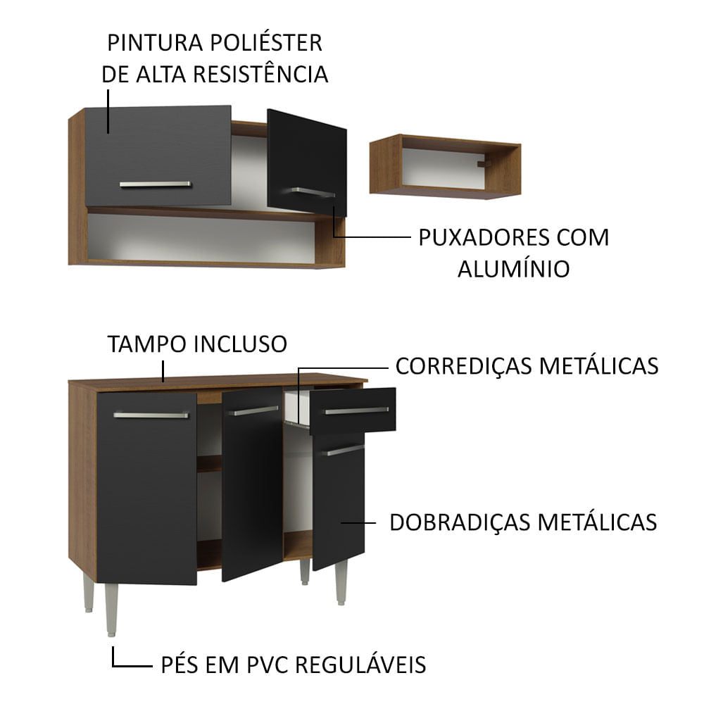 Armário de Cozinha Compacta 165cm Rustic/Preto Emilly Madesa 07