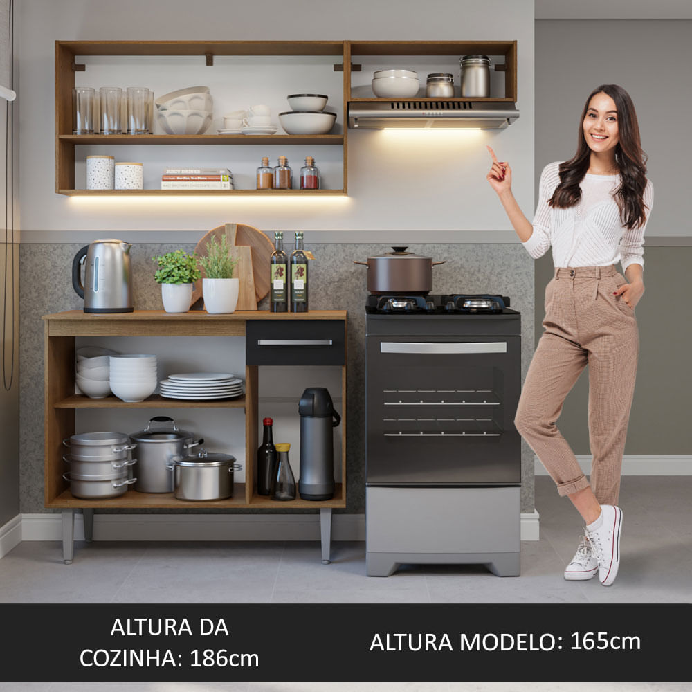 Armário de Cozinha Compacta 165cm Rustic/Preto Emilly Madesa 07