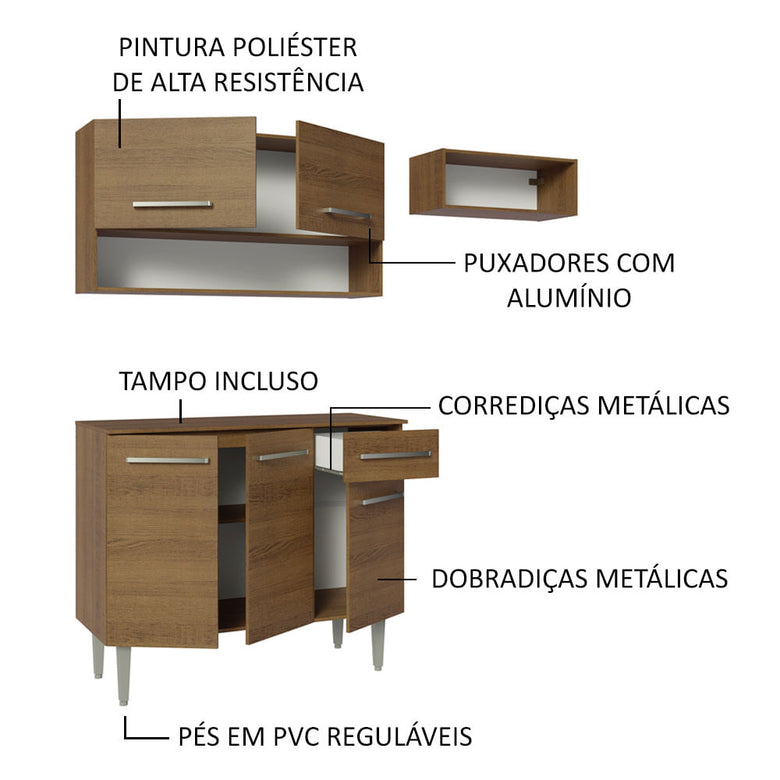 Armário de Cozinha Compacta 165cm Rustic Emilly Madesa 08