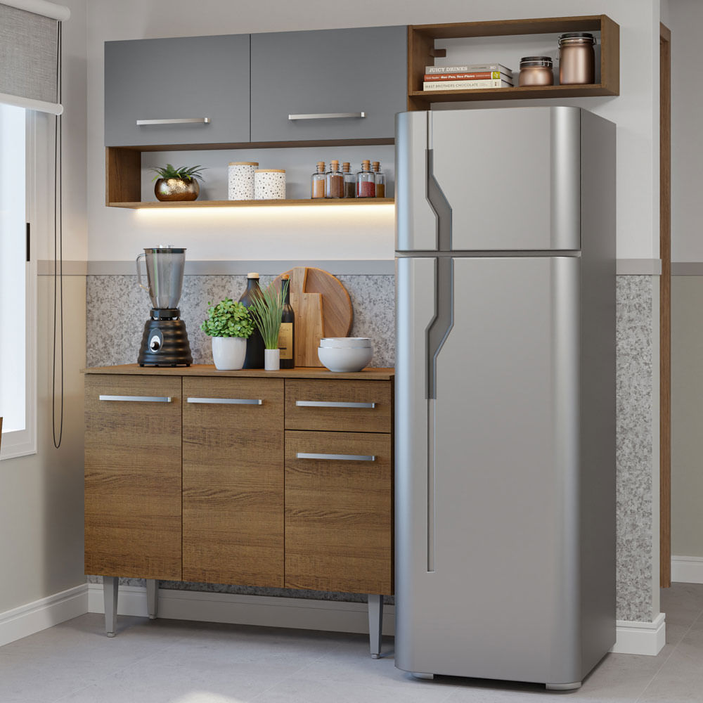 Armário de Cozinha Compacta 165cm Rustic/Cinza Emilly Madesa 08 - Rustic/Cinza