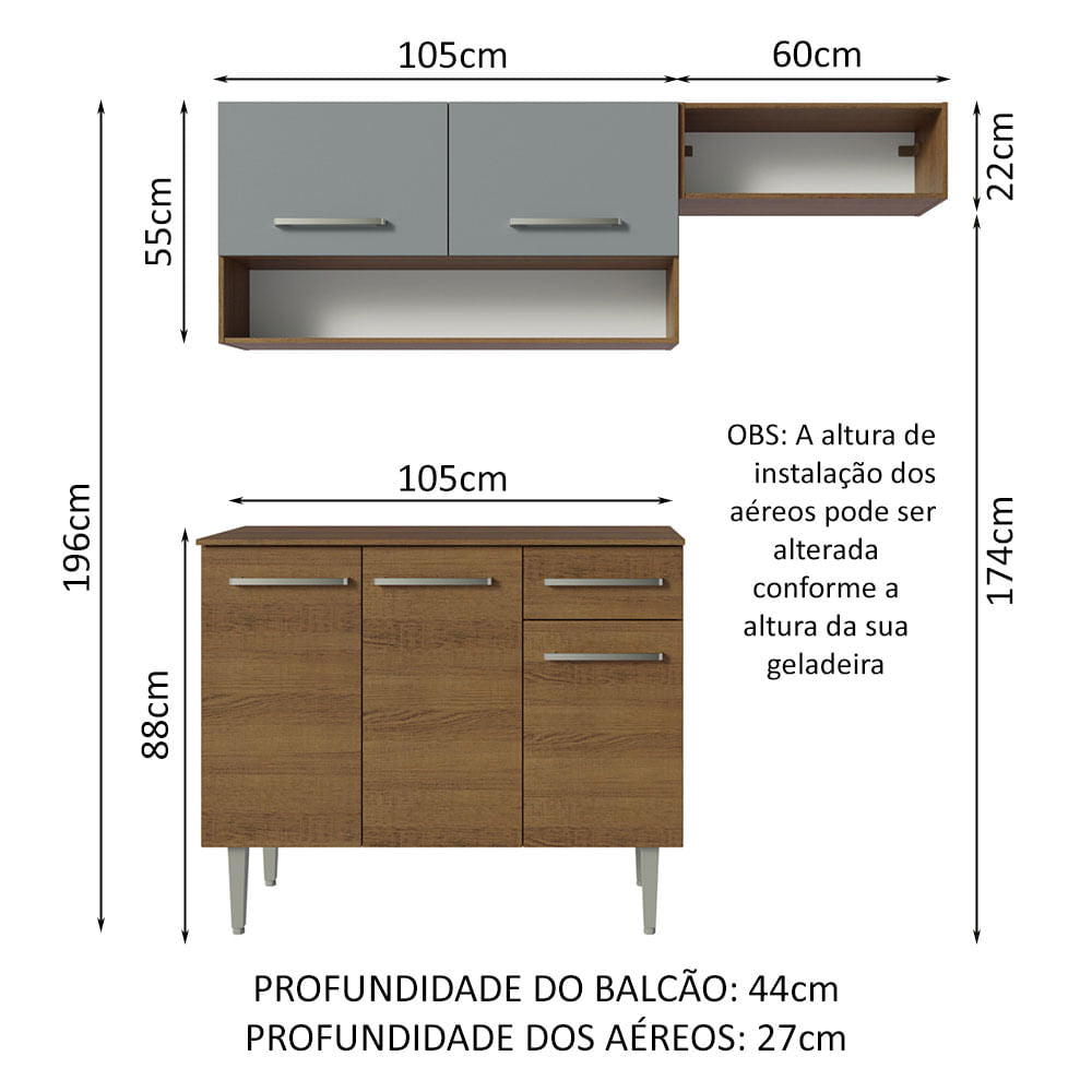 Armário de Cozinha Compacta 165cm Rustic/Cinza Emilly Madesa 08