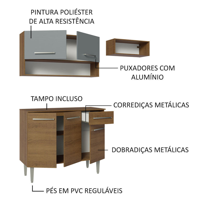 Armário de Cozinha Compacta 165cm Rustic/Cinza Emilly Madesa 08