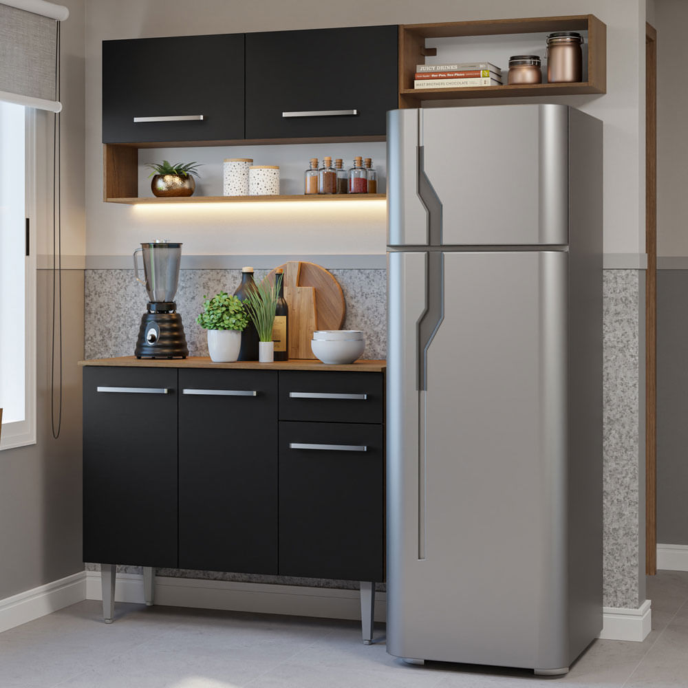 Armário de Cozinha Compacta 165cm Rustic/Preto Emilly Madesa 08 - Rustic/Preto