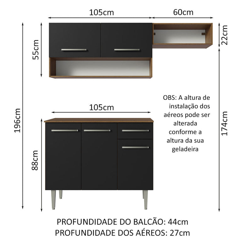 Armário de Cozinha Compacta 165cm Rustic/Preto Emilly Madesa 08