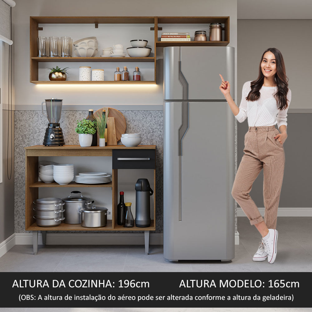Armário de Cozinha Compacta 165cm Rustic/Preto Emilly Madesa 08