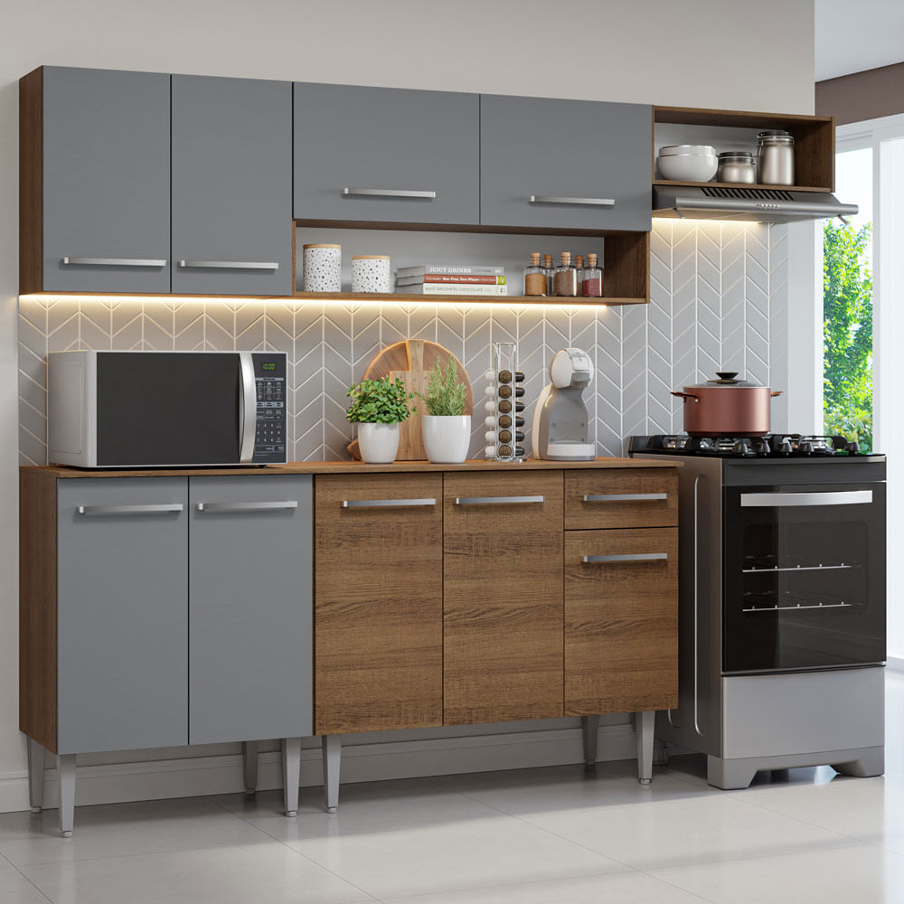 Armário de Cozinha Compacta 229cm Rustic/Cinza Emilly Madesa 13 - Rustic/Cinza