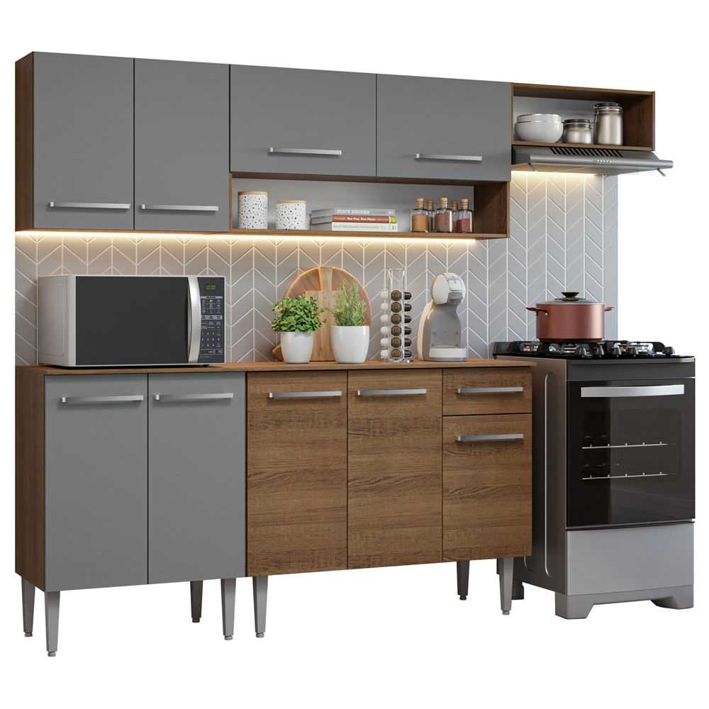 Armário de Cozinha Compacta 229cm Rustic/Cinza Emilly Madesa 13 - Rustic/Cinza