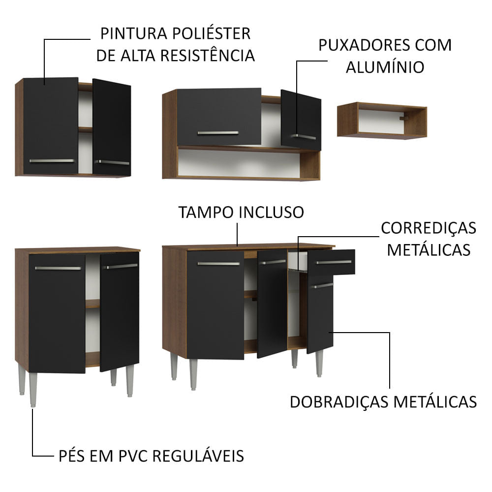 Armário de Cozinha Compacta 229cm Rustic/Preto Emilly Madesa 13