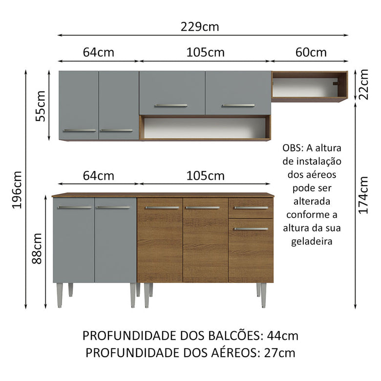 Armário de Cozinha Compacta 229cm Rustic/Cinza Emilly Madesa 14