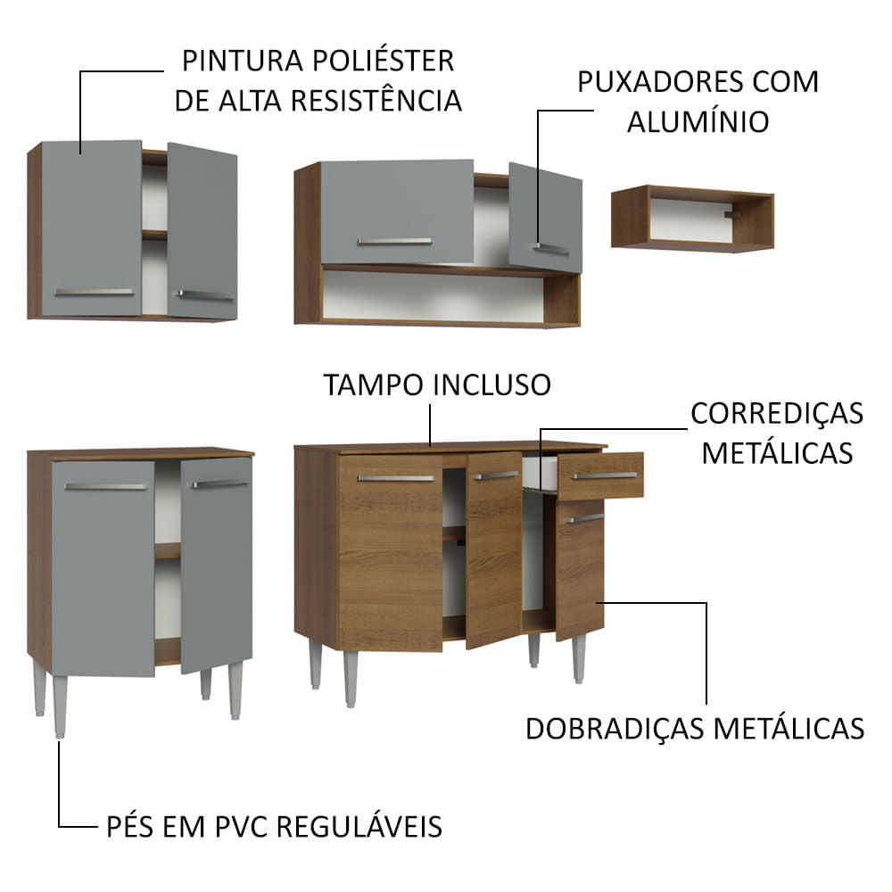 Armário de Cozinha Compacta 229cm Rustic/Cinza Emilly Madesa 14
