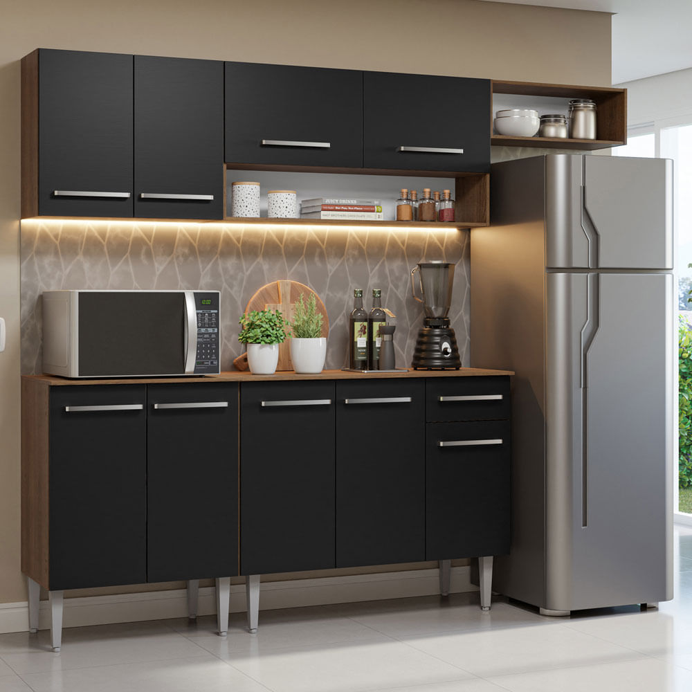 Armário de Cozinha Compacta 229cm Rustic/Preto Emilly Madesa 14 - Rustic/Preto
