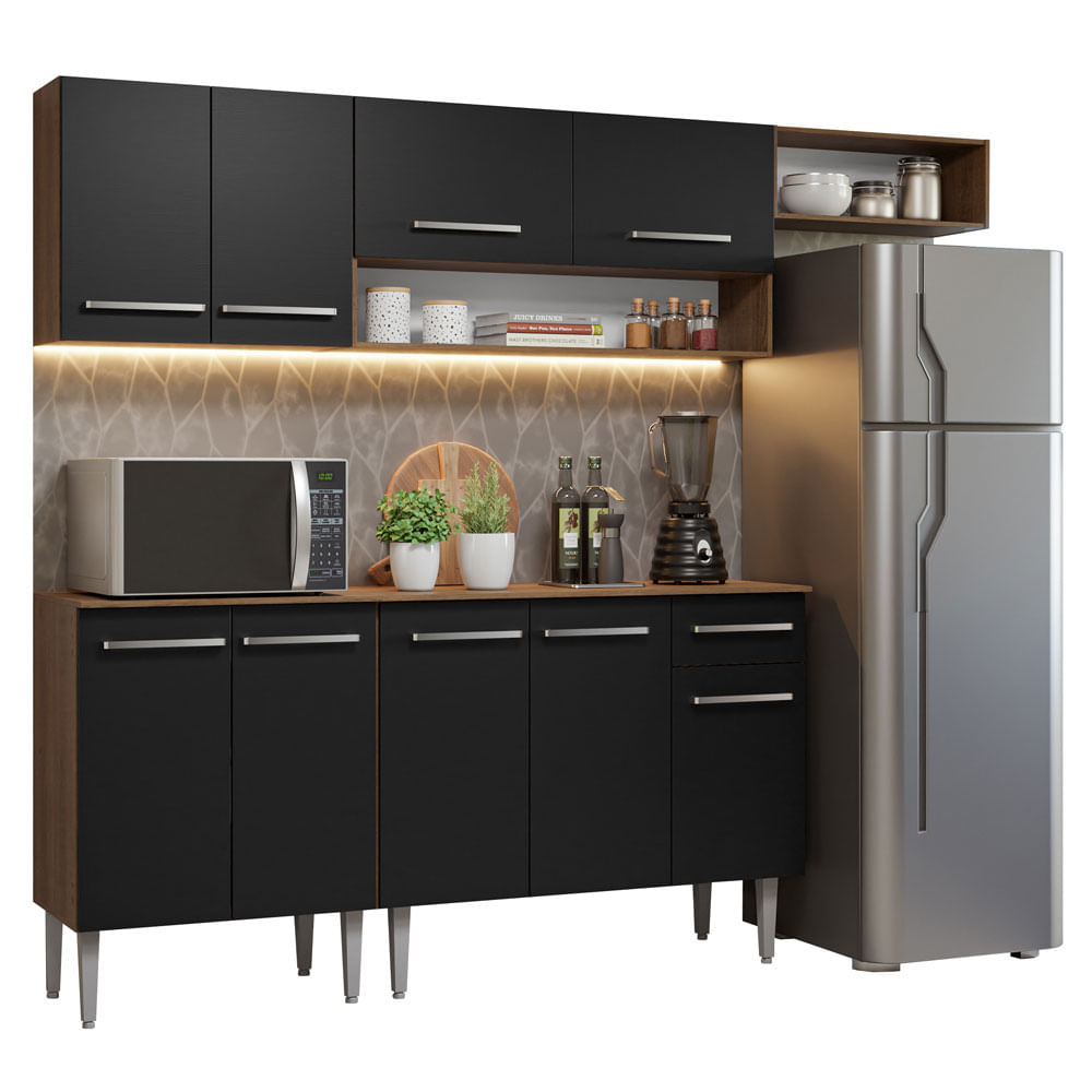 Armário de Cozinha Compacta 229cm Rustic/Preto Emilly Madesa 14 - Rustic/Preto