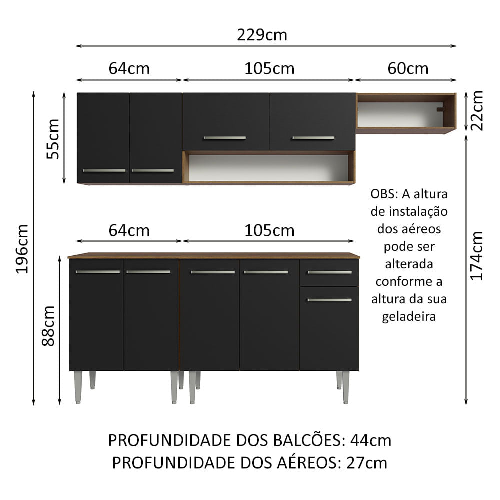 Armário de Cozinha Compacta 229cm Rustic/Preto Emilly Madesa 14