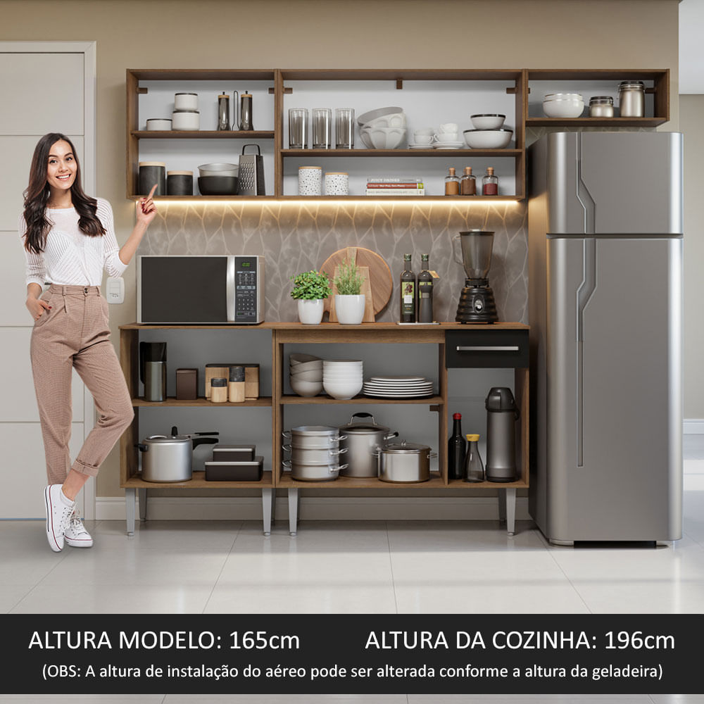 Armário de Cozinha Compacta 229cm Rustic/Preto Emilly Madesa 14