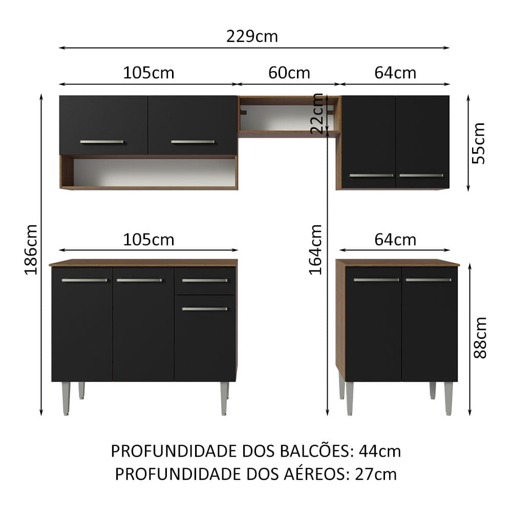 Armário de Cozinha Compacta 229cm Rustic/Preto Emilly Madesa 15