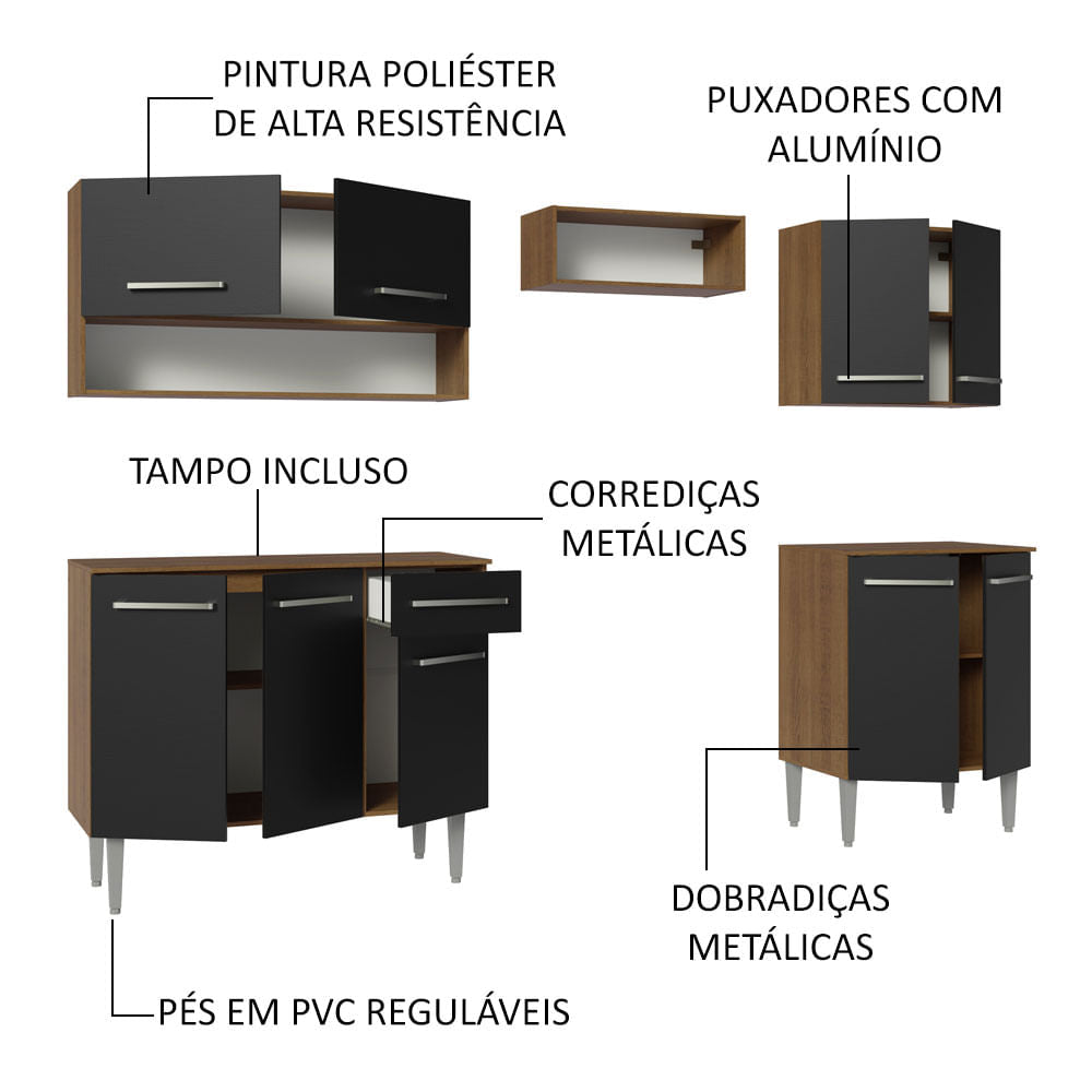 Armário de Cozinha Compacta 229cm Rustic/Preto Emilly Madesa 15