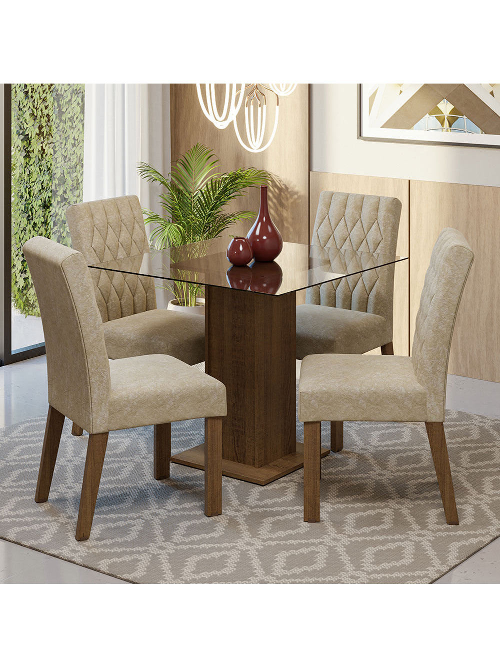 Conjunto Sala de Jantar Mesa Tampo de Vidro 4 Cadeiras Rustic/Imperial Noemi Madesa - Rustic/Imperial