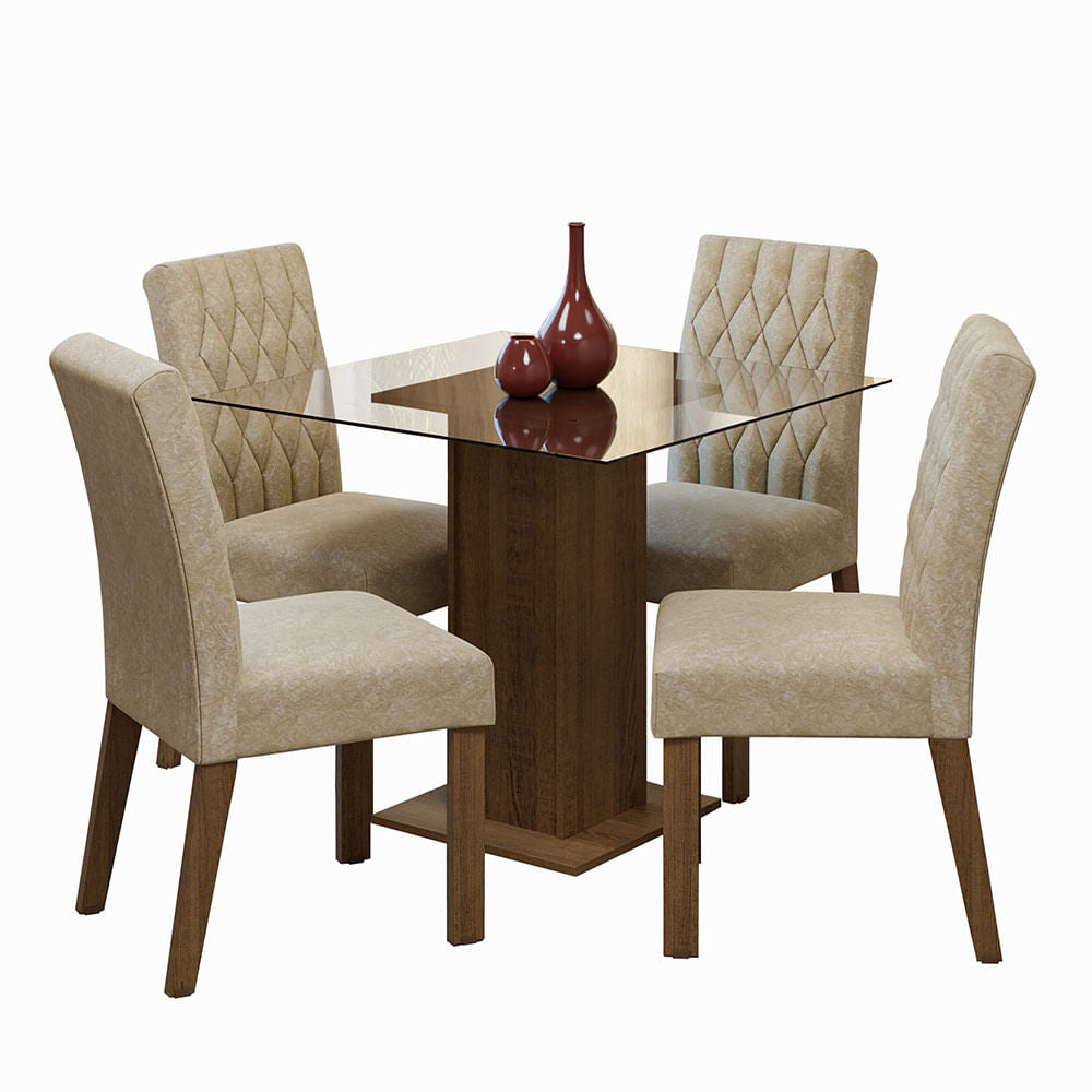 Conjunto Sala de Jantar Mesa Tampo de Vidro 4 Cadeiras Rustic/Imperial Noemi Madesa - Rustic/Imperial